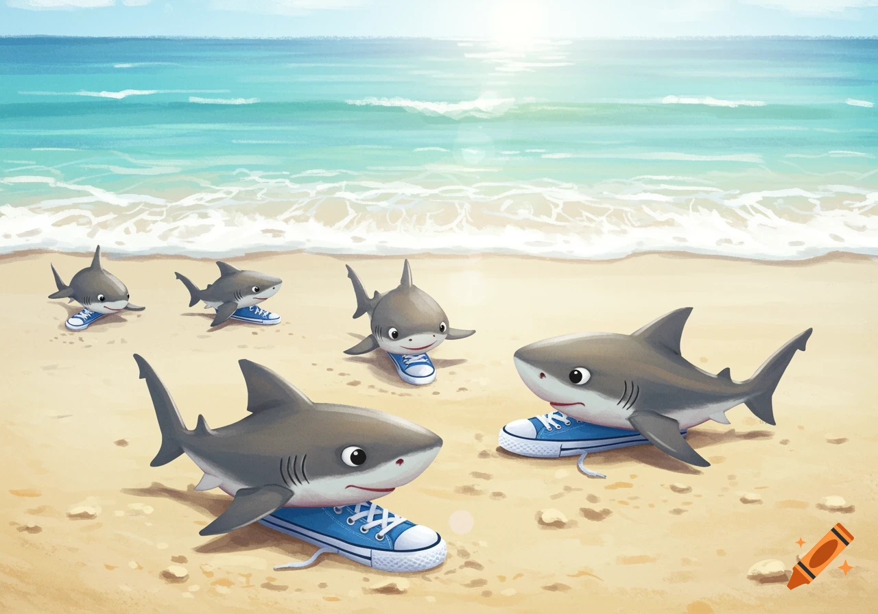 Cartoon illustration of baby sharks wearing blue sneakers on a beach.