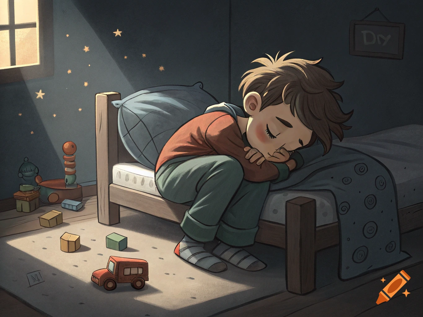 Illustration of a boy sleeping in bed in a dim room with toys, stars on the wall.