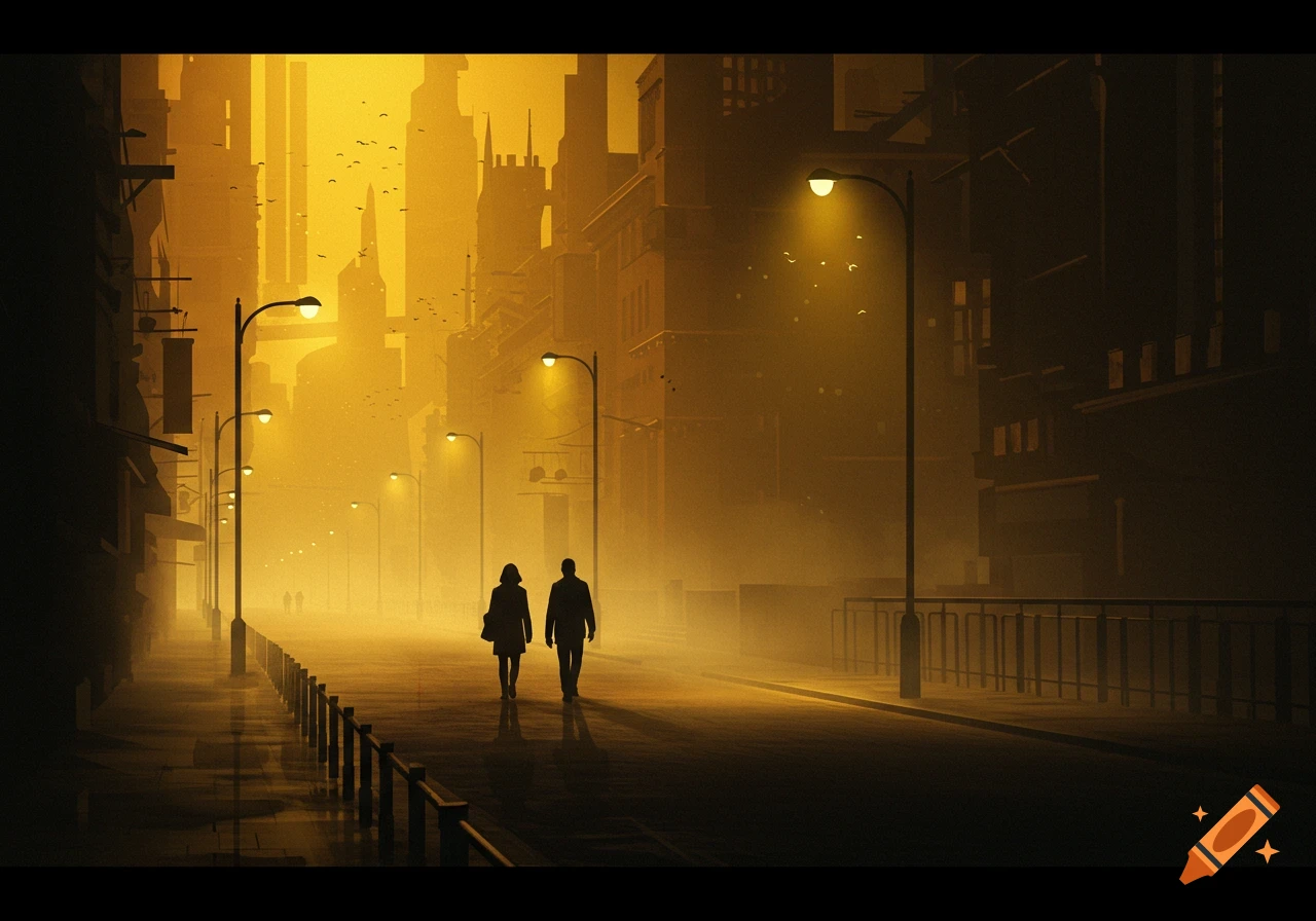 Two silhouetted figures walk down a foggy urban street at sunset.