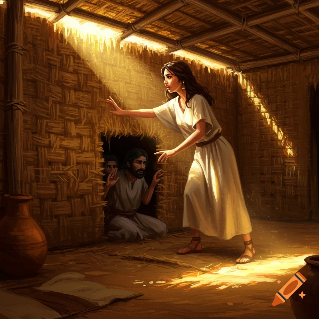 A woman looks out while two men hide in a straw hut.