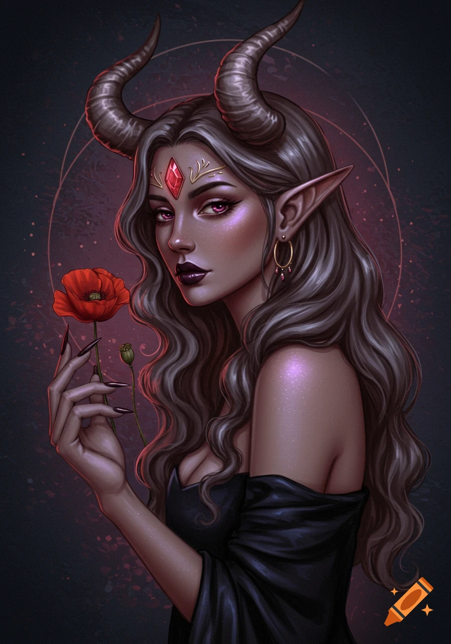 Digital portrait of a fantasy woman with horns and pointed ears holding a red poppy.