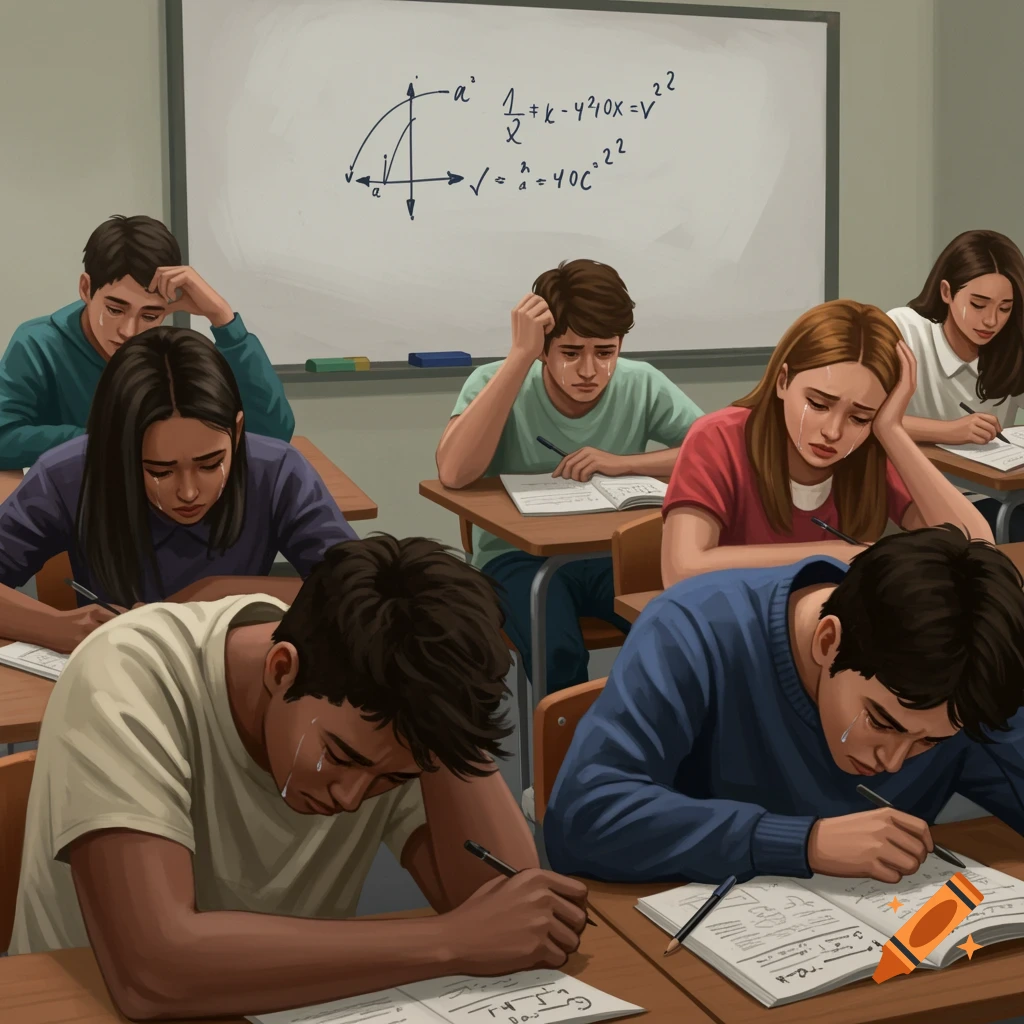 Image of diverse students in a classroom looking sad and frustrated while doing math problems.