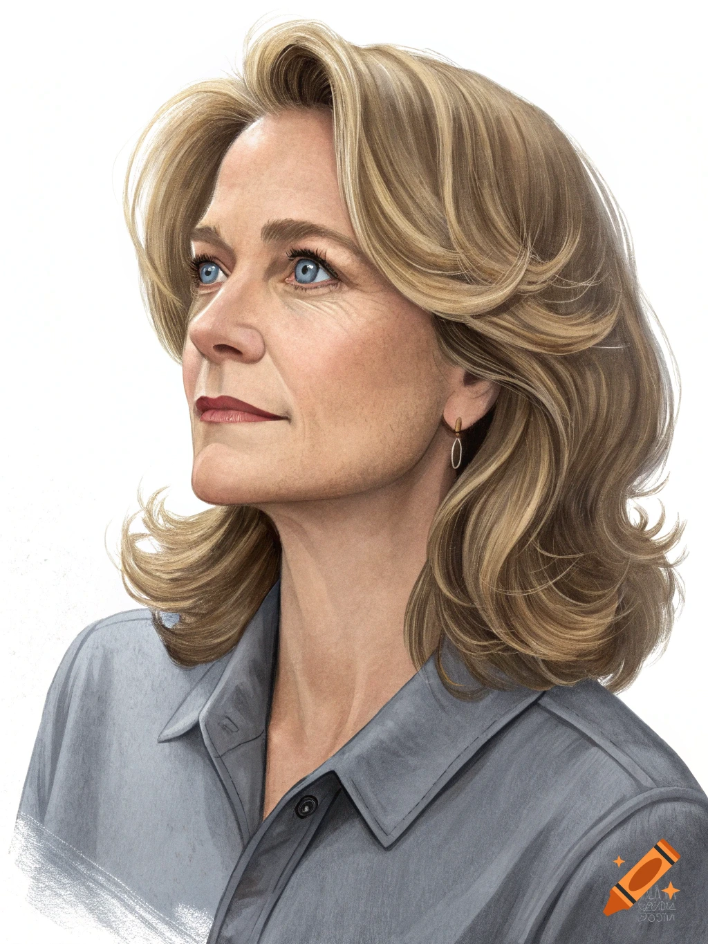 Illustration of a middle-aged woman with blonde hair and blue eyes wearing a grey shirt.