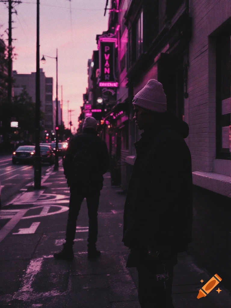 Two figures walk on a wet city street at dusk under pink neon signs.