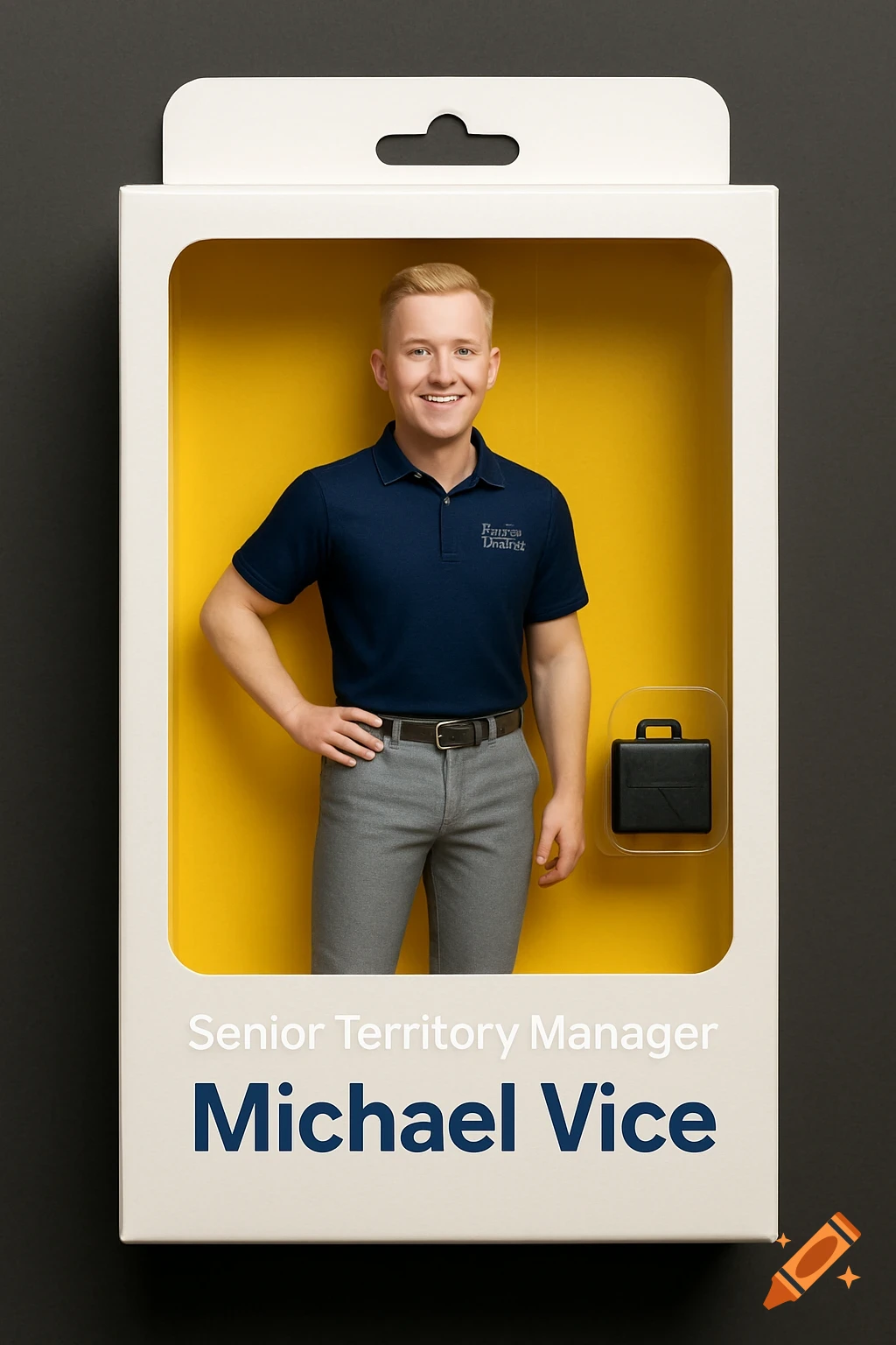 A man posed as an action figure inside toy packaging with text on the box.