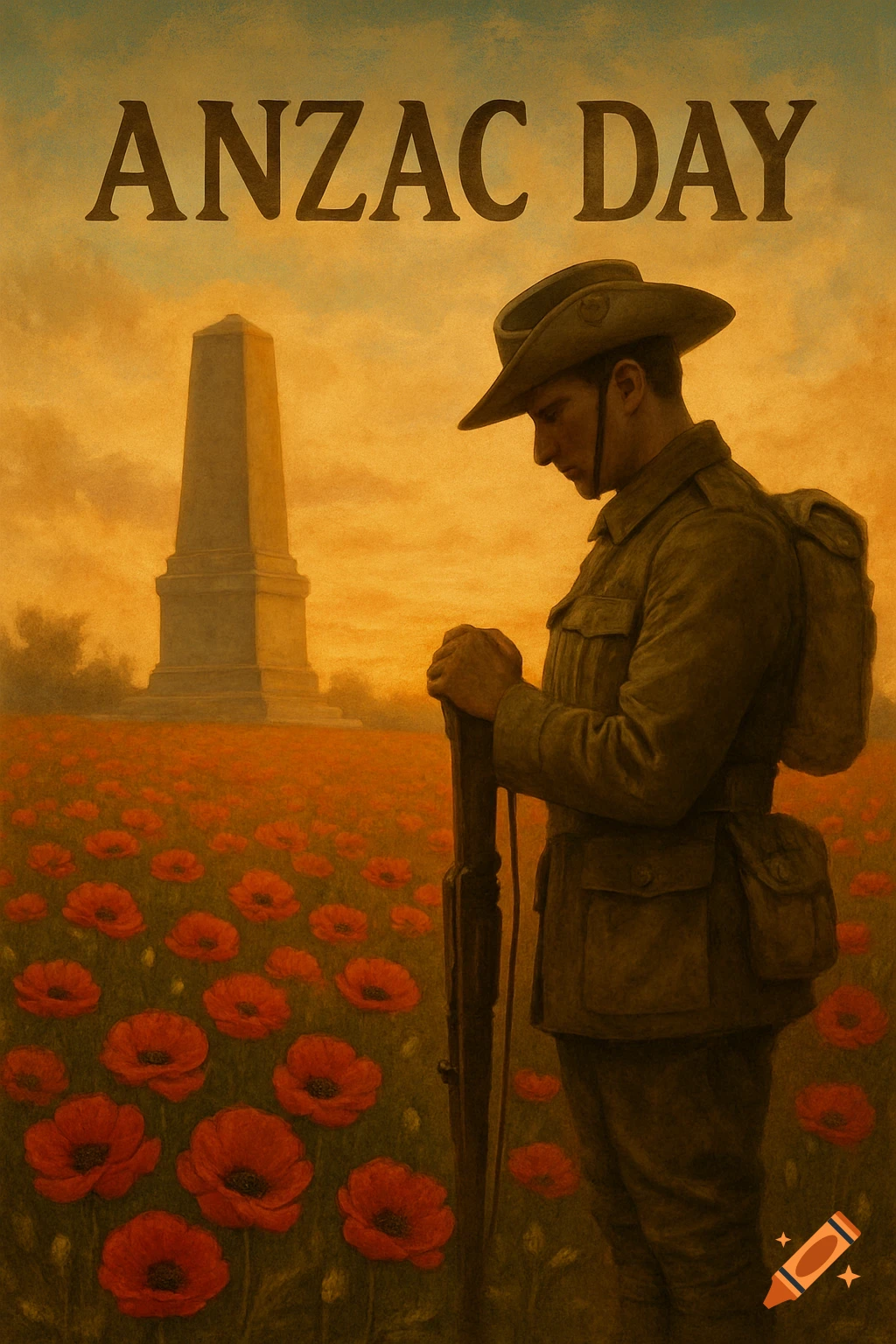 A soldier stands in a field of poppies near a memorial, with the text 'ANZAC DAY' visible.