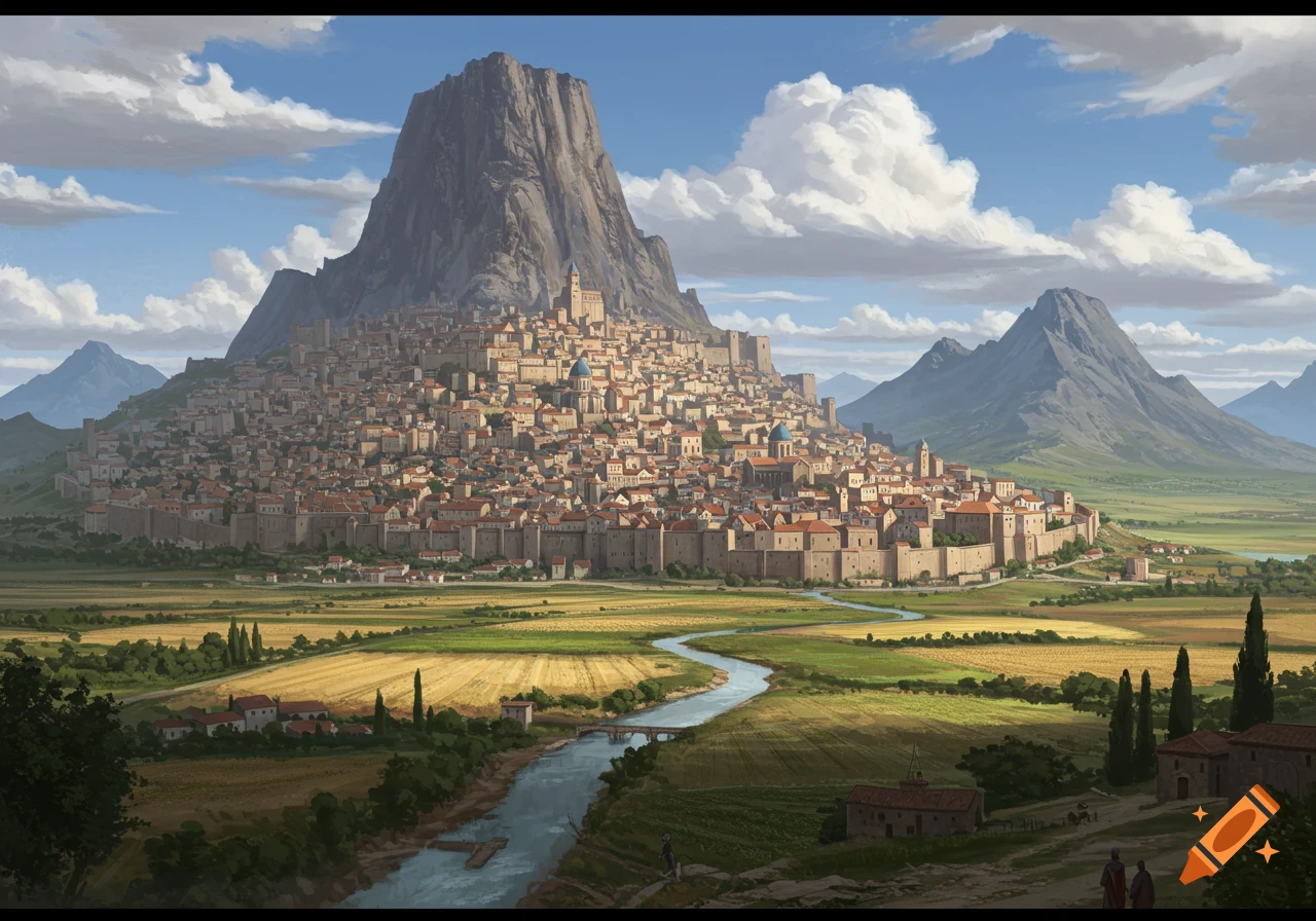 A large medieval city built on the slopes of a massive mountain, surrounded by farmland and a river.