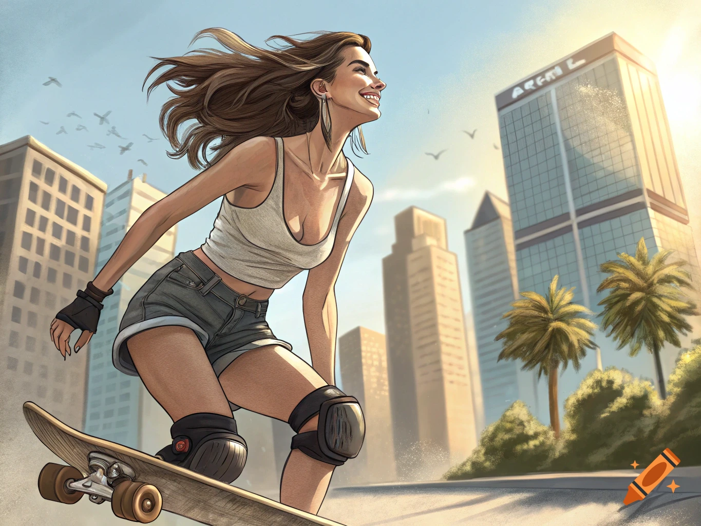 Woman skateboarding in a city street with skyscrapers in the background.