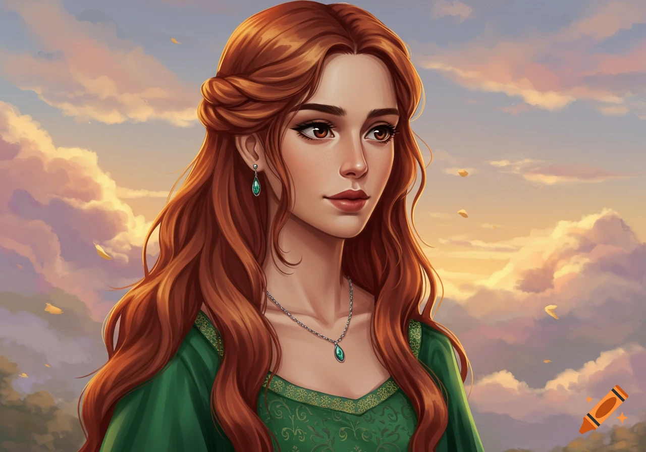 A woman with long red hair in a green dress against a cloudy sky.