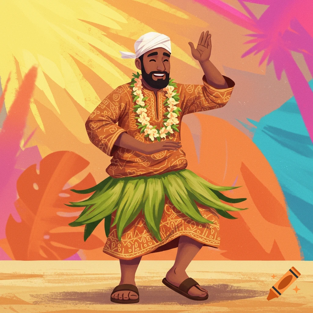 Muslim man hula dancing in a tropical setting