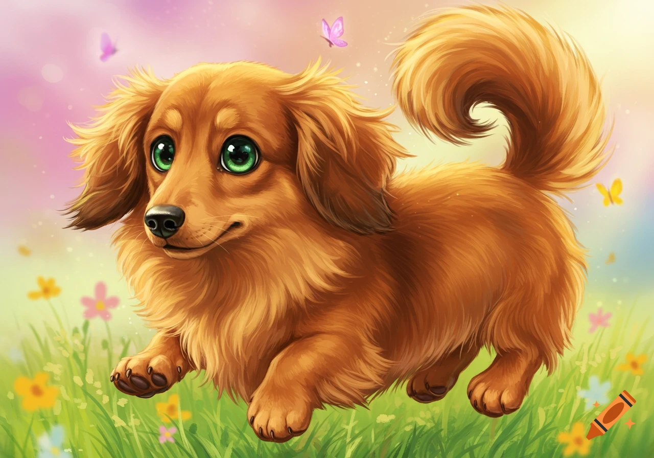 Fluffy dachshund with green eyes running in a flower field.