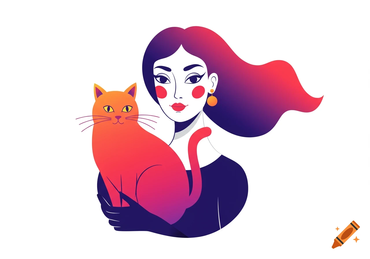 A vector illustration of a woman holding an orange and pink cat.