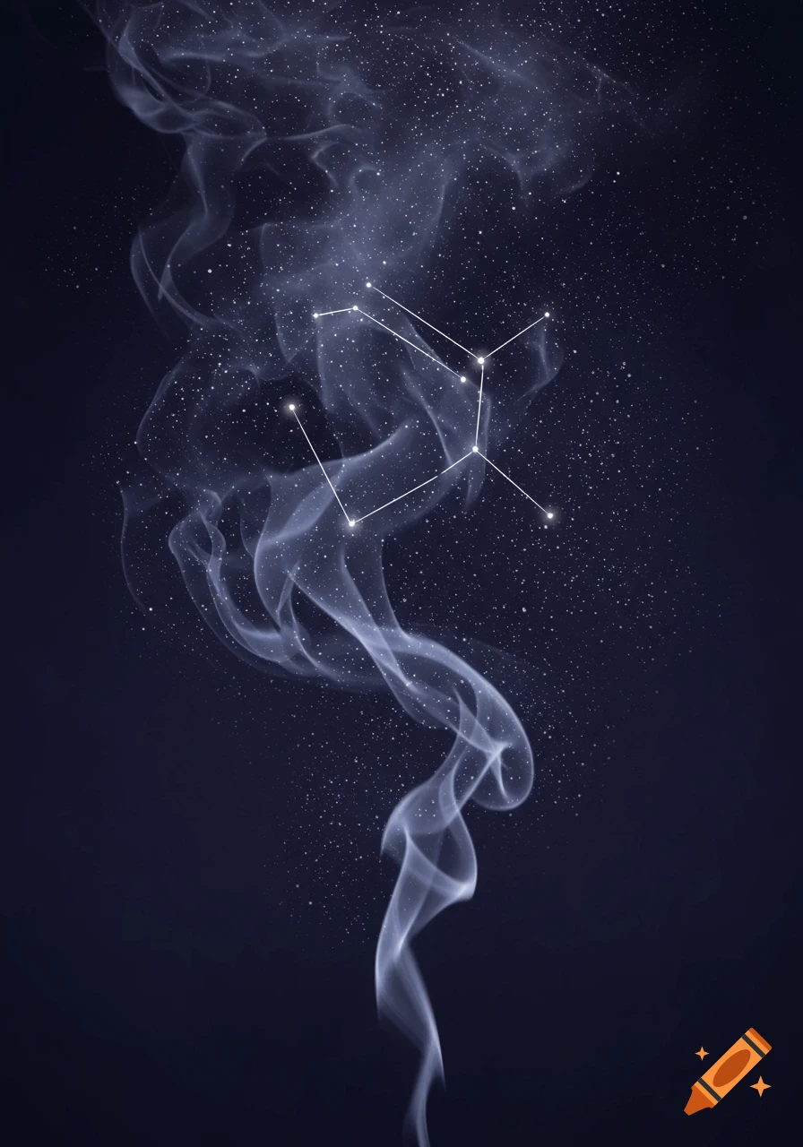 Smoke swirls forming into faint constellations and stars against a dark background.