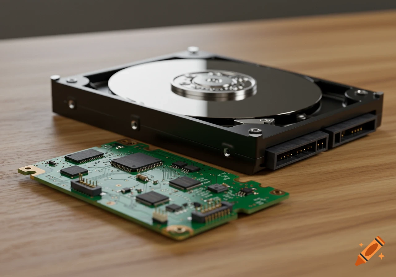 Photorealistic image of a hard disk drive and its detached circuit board on a wooden surface.