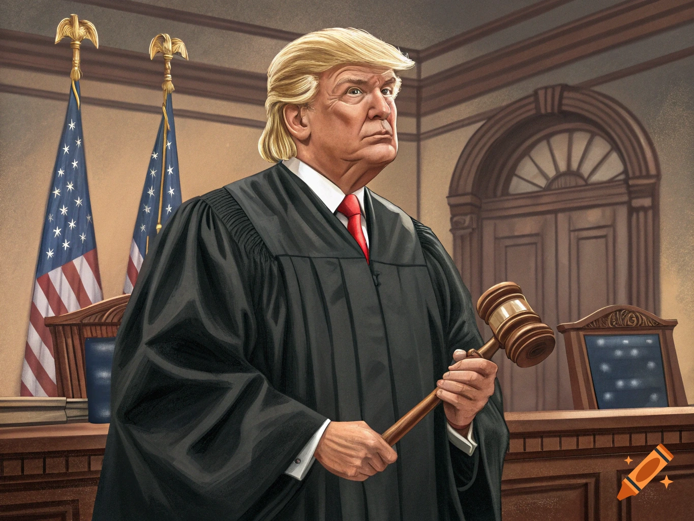 Illustration of Donald Trump dressed as a judge in a courtroom, holding a gavel.