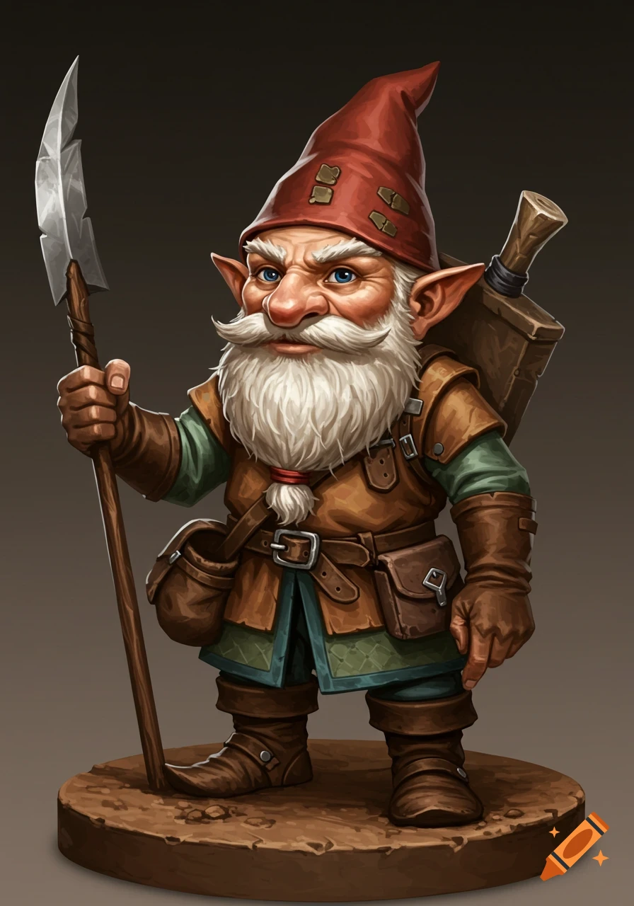 A detailed digital illustration of a bearded fantasy gnome adventurer holding a polearm weapon.