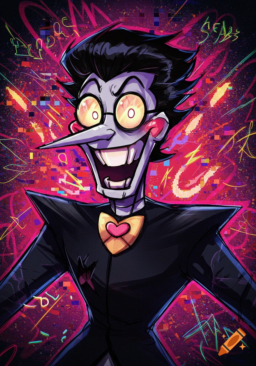 Spamton G Spamton with a wide grin and glasses against a vibrant, glitchy background.