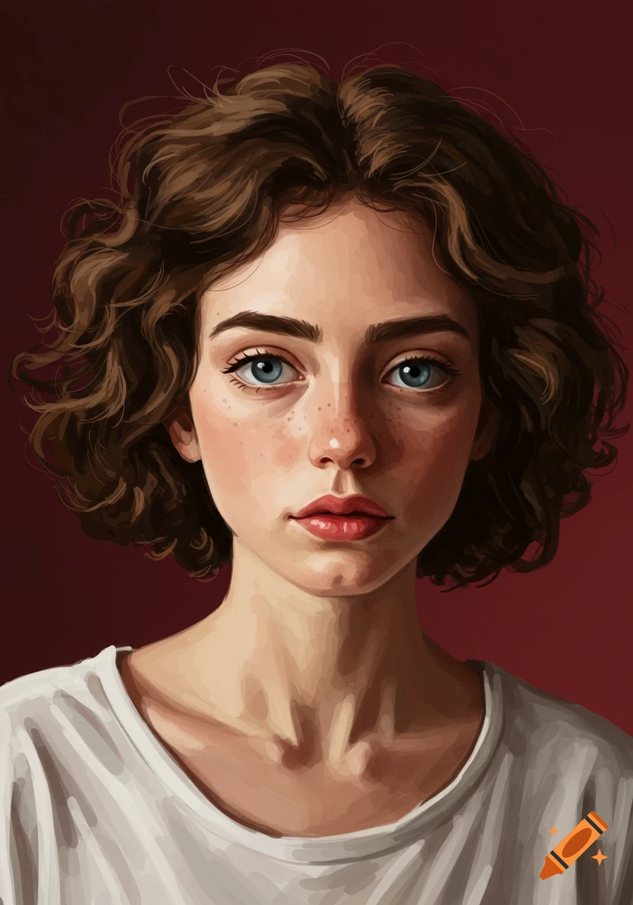 Portrait of a young woman with curly brown hair and blue eyes.