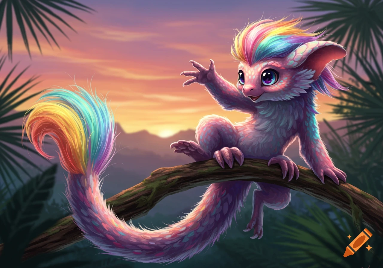 A colorful fantasy creature with rainbow fur sits on a tree branch at sunset.