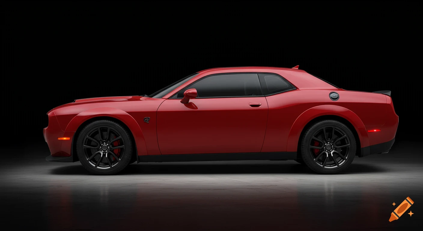 Red Dodge Challenger SRT Hellcat RedeEye in profile against a black background.
