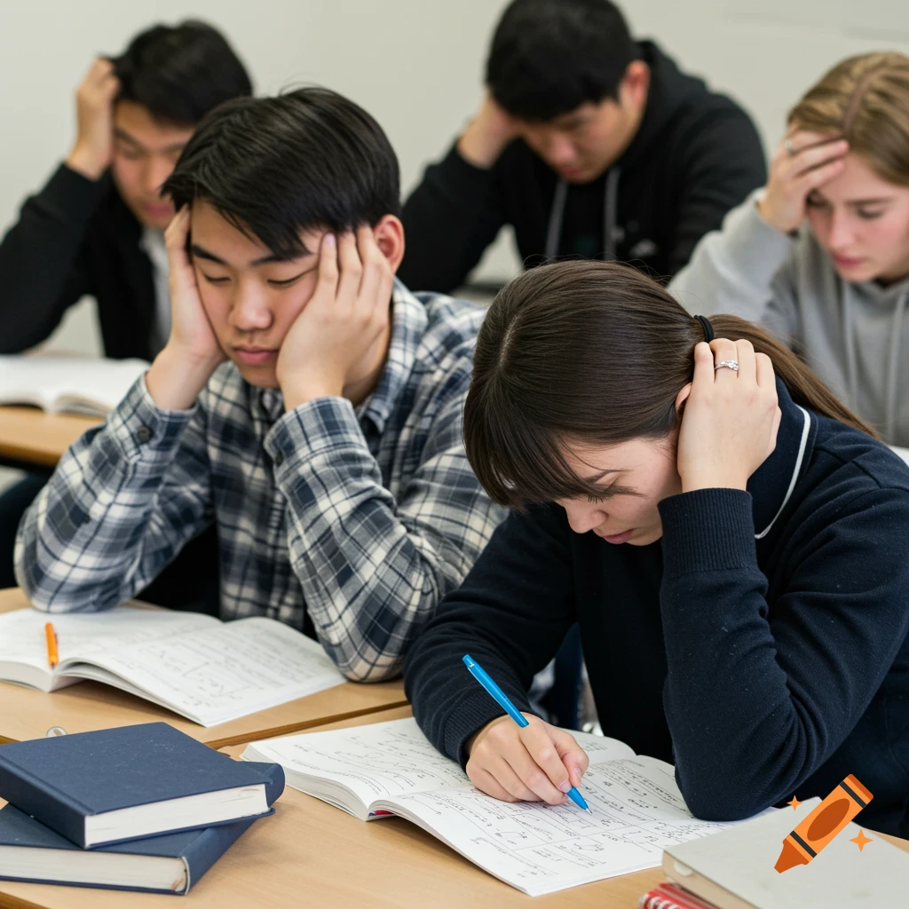 Students look frustrated while studying in a classroom with books on desks.