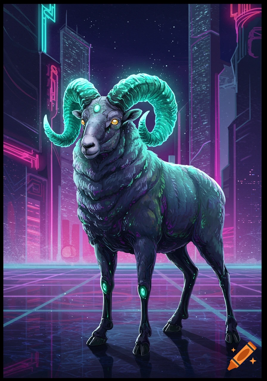A futuristic ram with glowing horns stands in a neon cyberpunk city.
