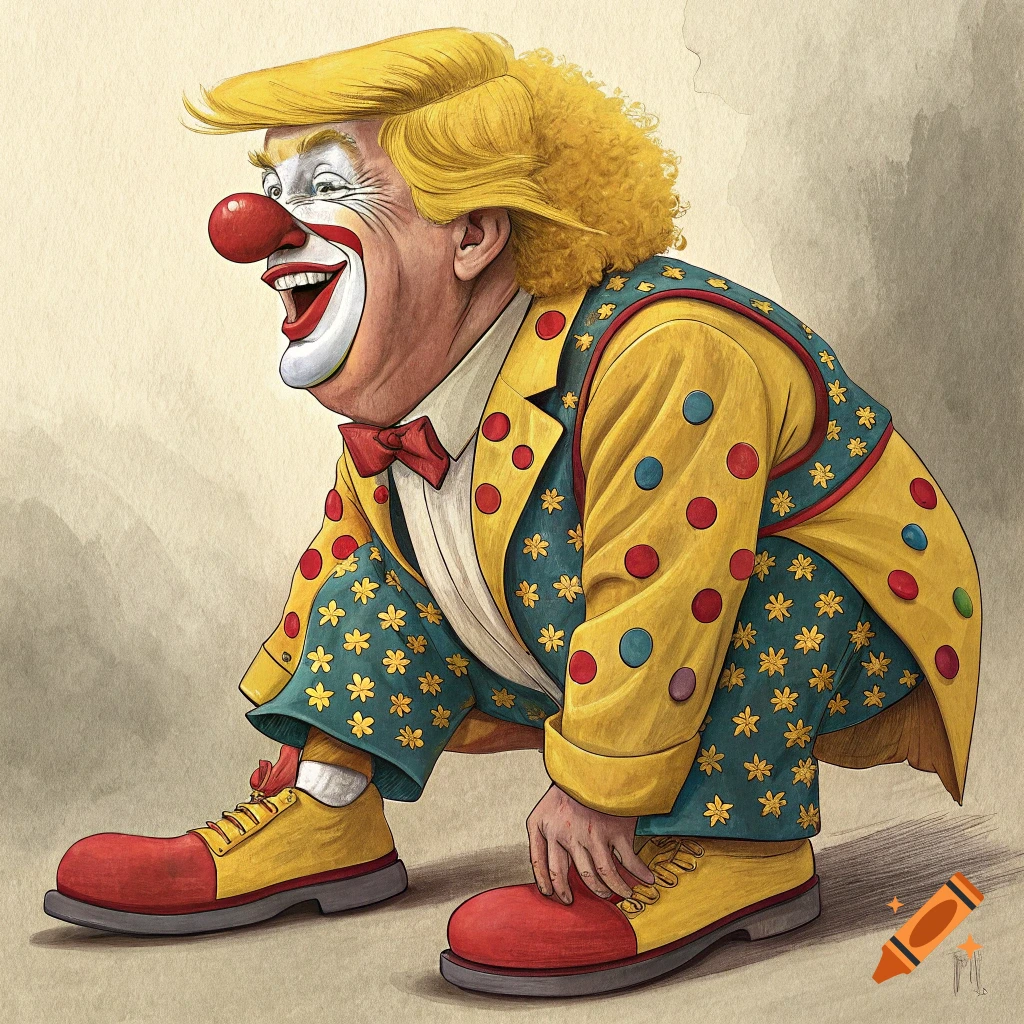 Caricature of a man resembling Donald Trump dressed as a clown, crouching down.