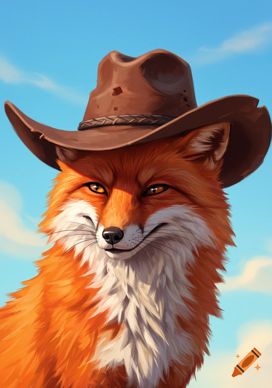 A sly fox wearing a cowboy hat against a blue sky.