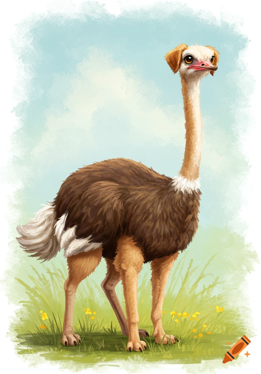An ostrich with a dog's head standing in grass.
