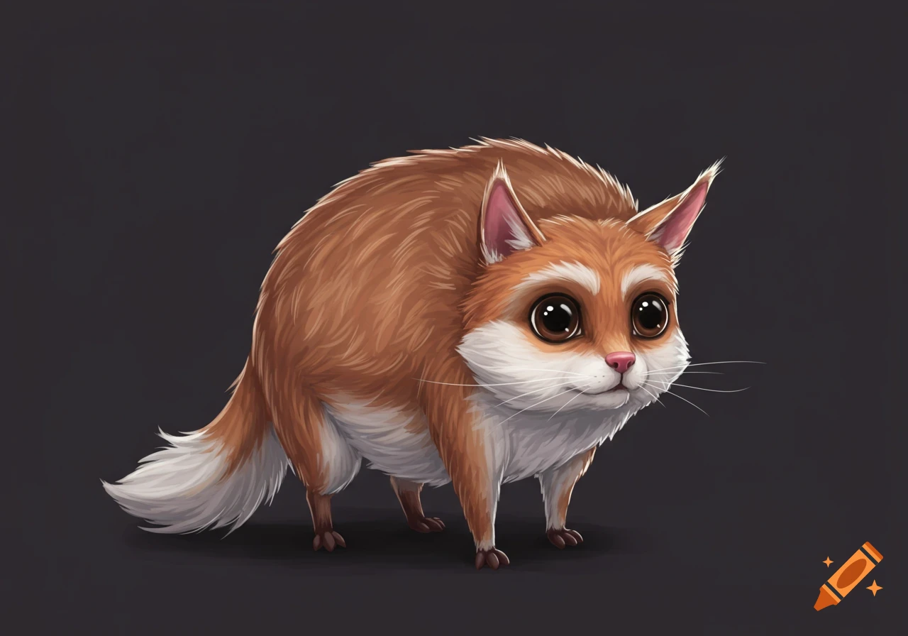 Cute stylized cat-fox creature with big eyes on a dark background