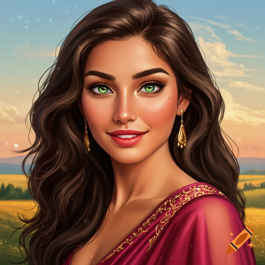 a woman with green eyes, long brown hair, wearing a pink dress with gold trim, standing in a field.