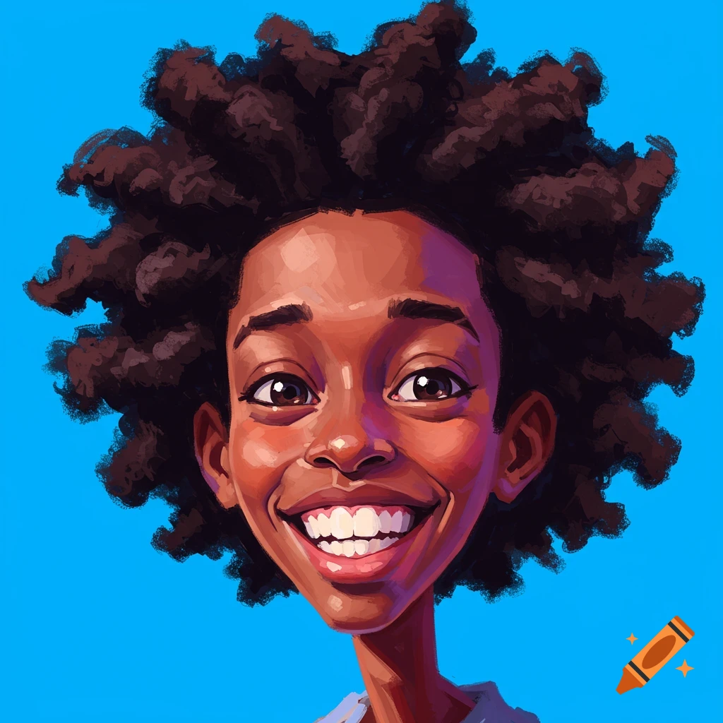 Cartoon portrait of a Black person with large free form hair smiling against a blue background.