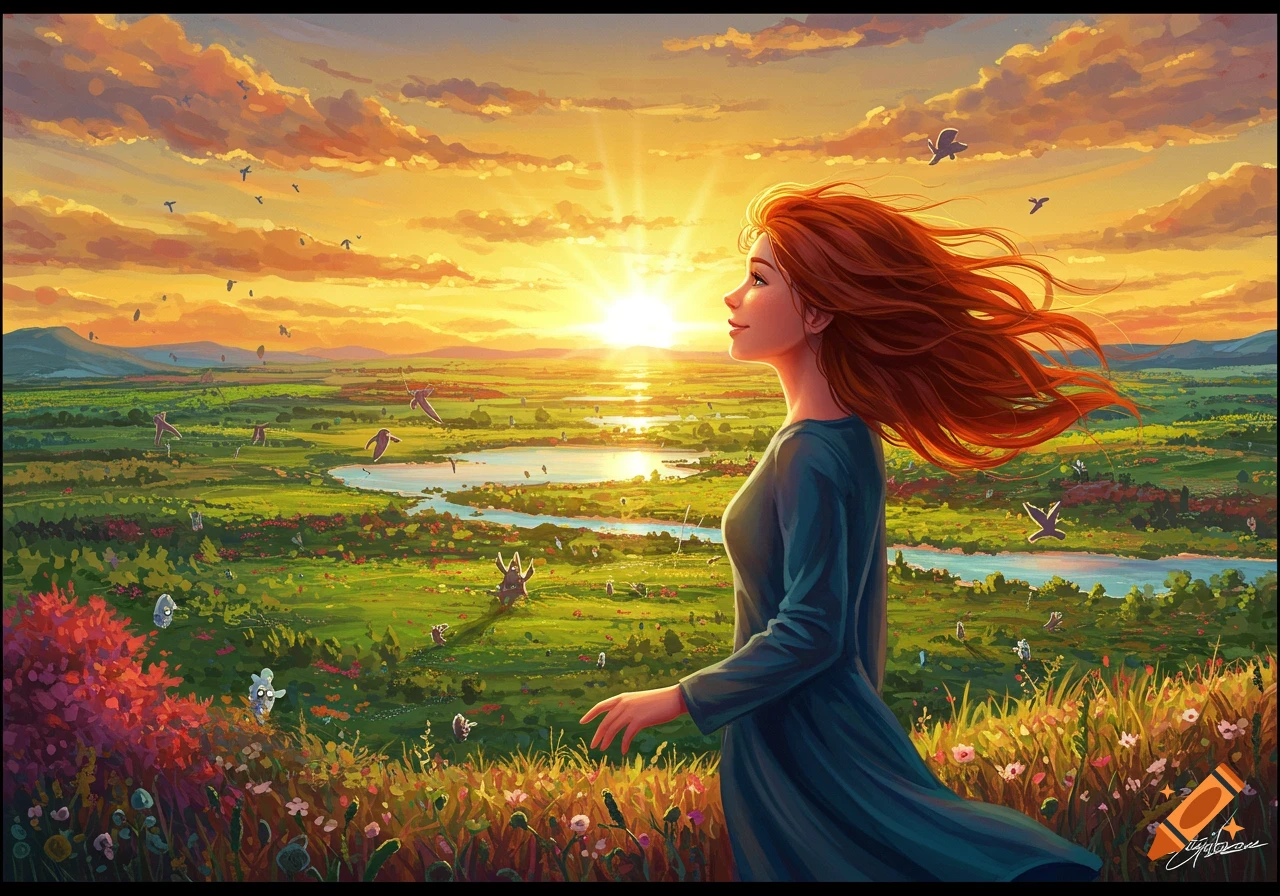 A woman watches the sunset over a vibrant green landscape.
