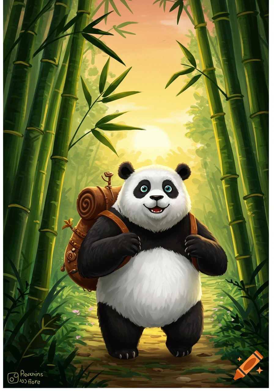 A cartoon panda with a backpack walks through a bamboo forest at sunset.
