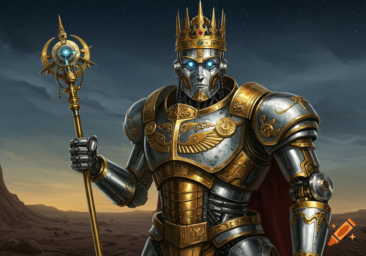 A robot king in ornate armor is holding a staff.