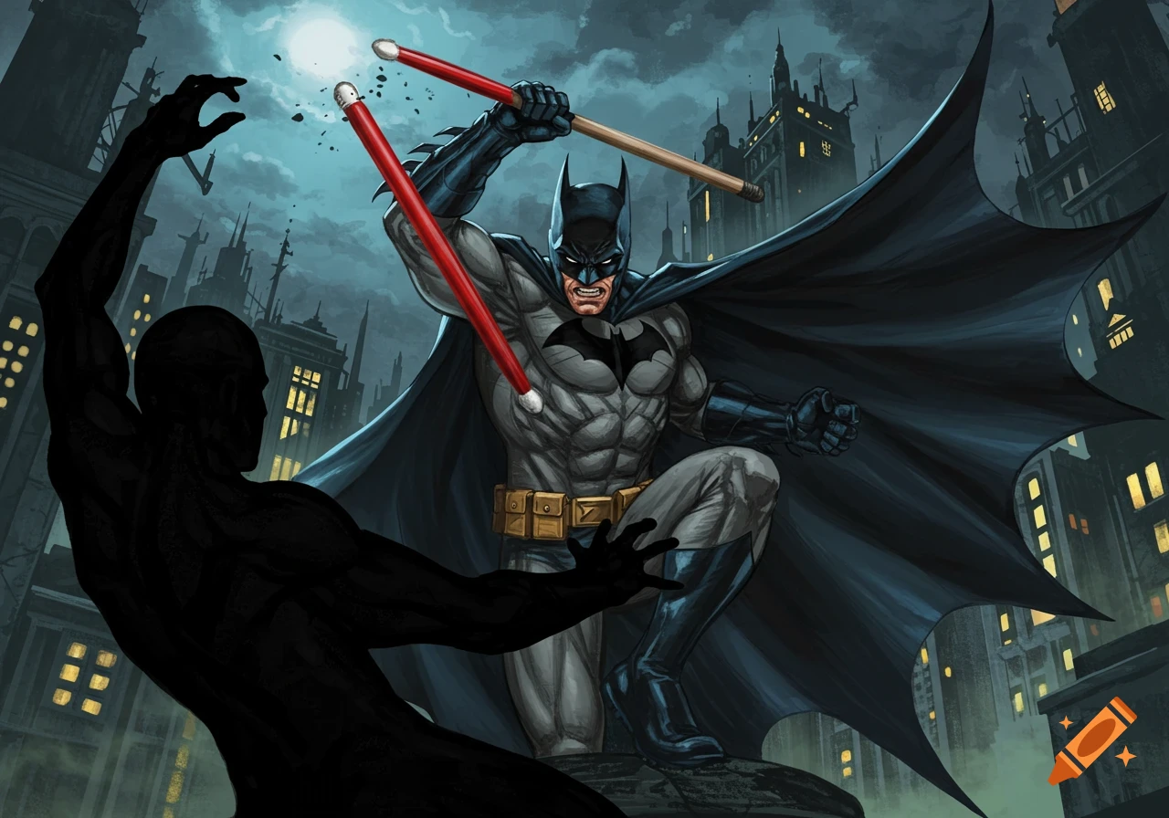 Batman fighting a shadowy figure with red drumsticks in a city at night.