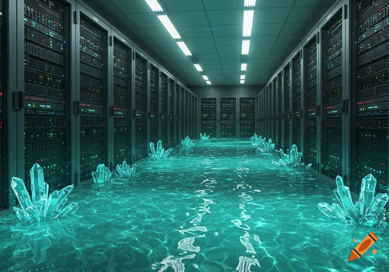A data center flooded with glowing blue water and large crystals.