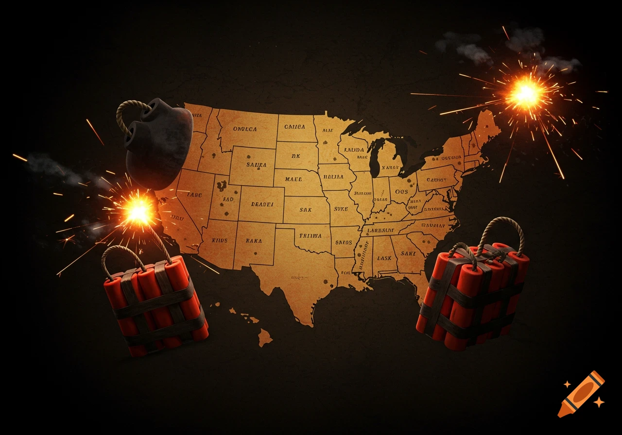 Stylized map of USA with dynamite and bomb; fuses lit with sparks