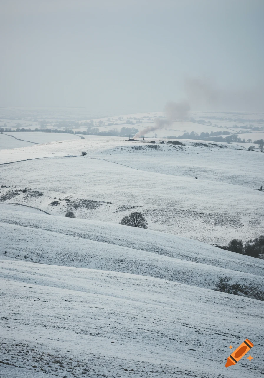 A snow-covered landscape of rolling hills with a few trees and smoke rising from distant structures.