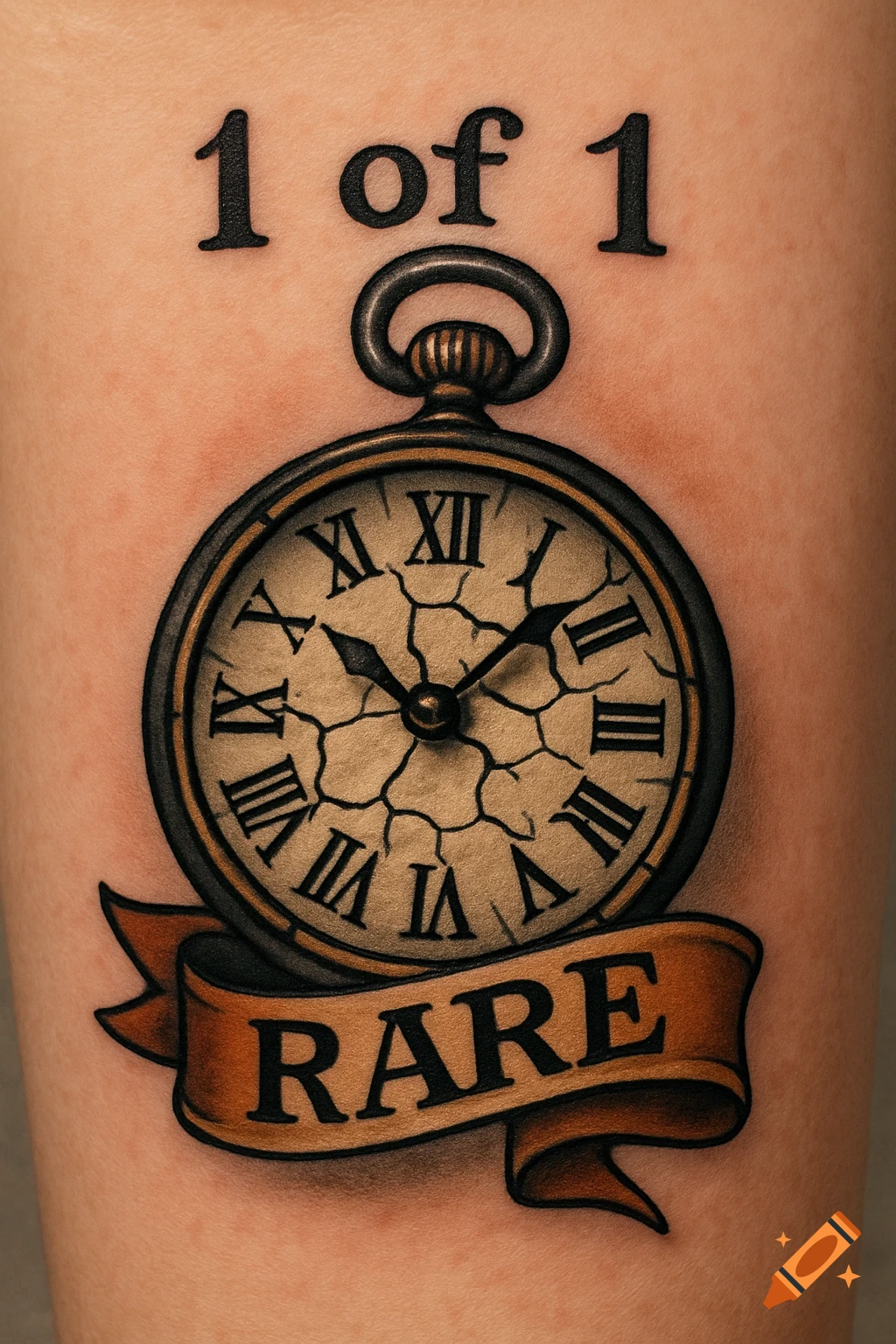 A tattoo of a pocket watch with a cracked face, a banner below reading 'RARE', and the text '1 of 1' above.