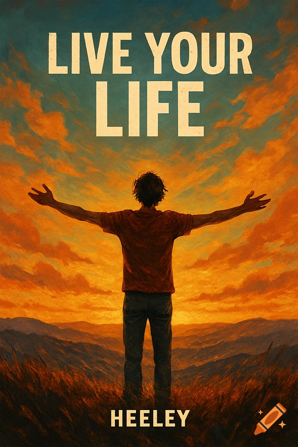 Person with arms wide facing vibrant sunset over mountains, text 'LIVE YOUR LIFE' and 'HEELEY'.