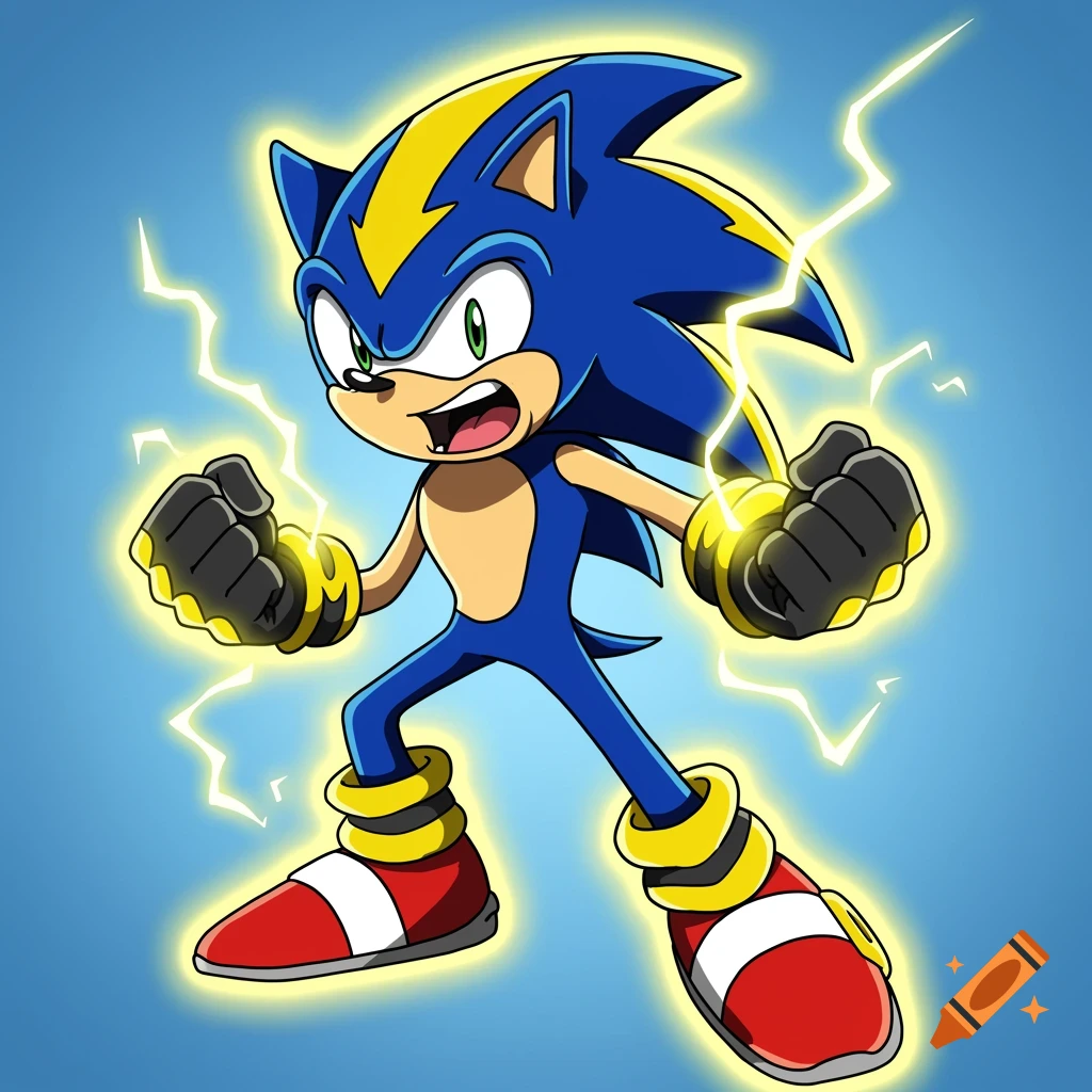 Anime style Sonic the Hedgehog stands with clenched fists surrounded by lightning