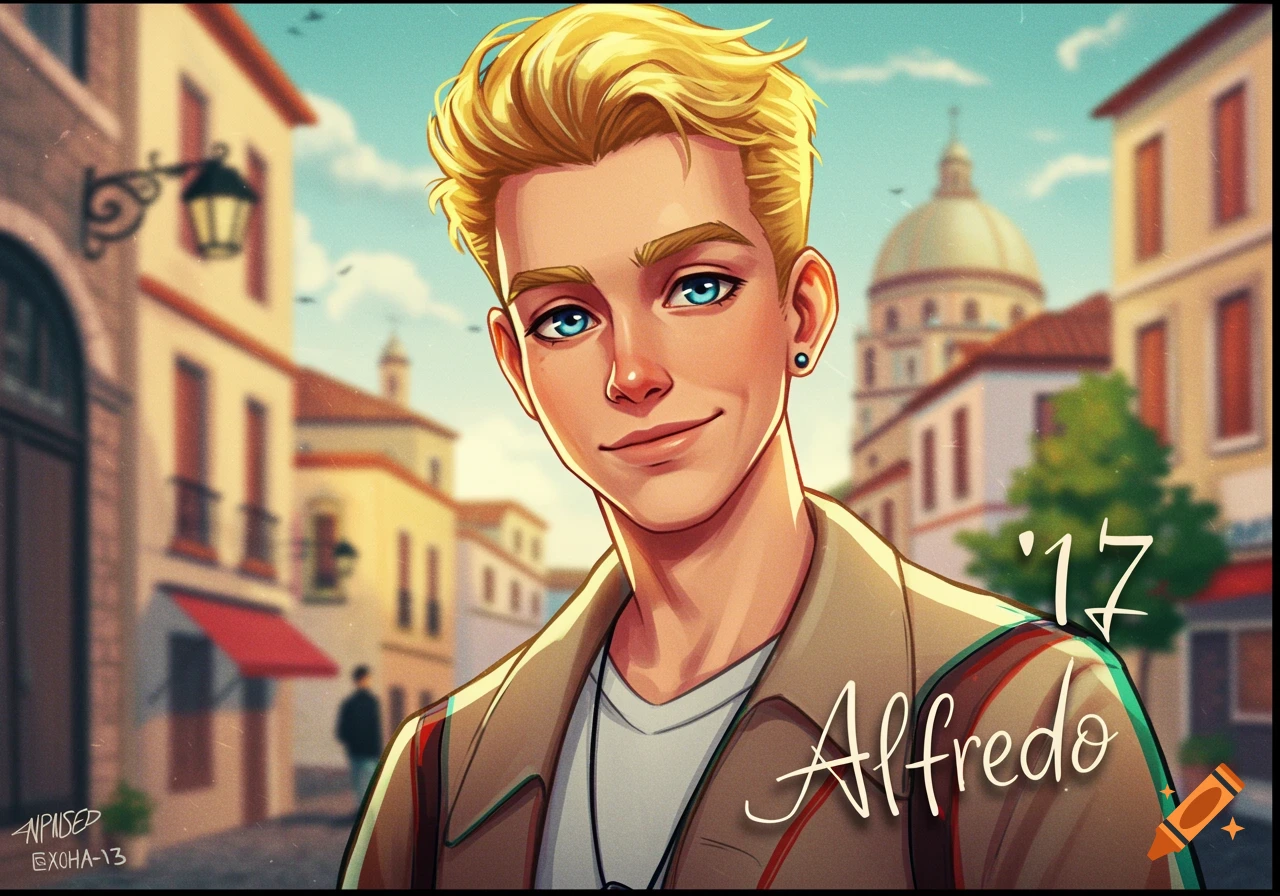 Stylized image of a young man with blonde hair and blue eyes in a city street, with the name 'Alfredo' in script.