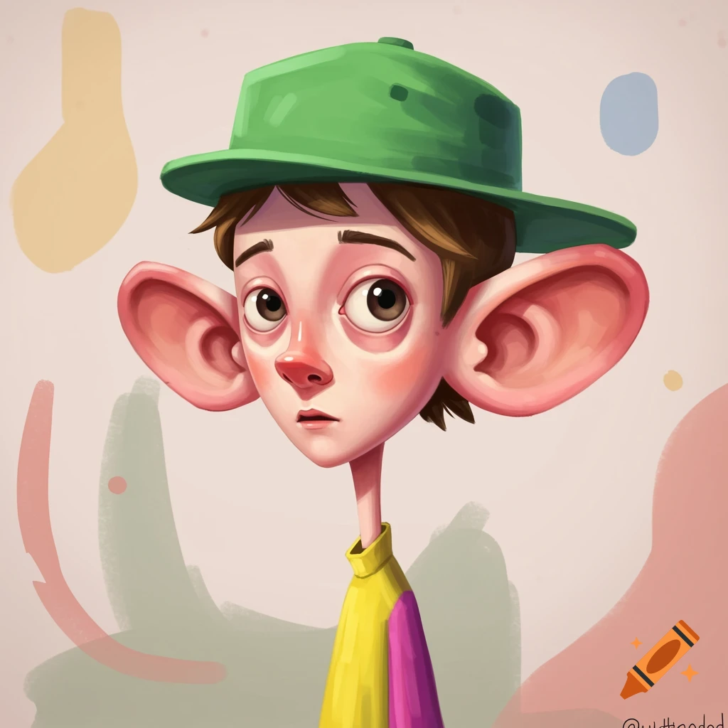 Cartoon illustration of a boy with large ears and a green hat.