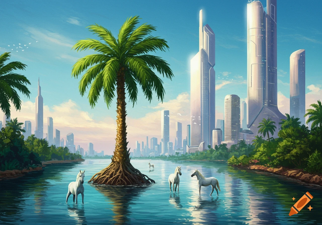 Horses stand in a river, with a palm tree and futuristic skyscrapers in the background.
