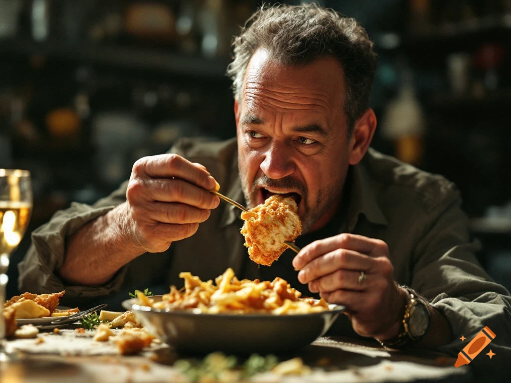 Close-up portrait of a man intently eating fried food off a skewer, with a bowl of food and glass on the table.