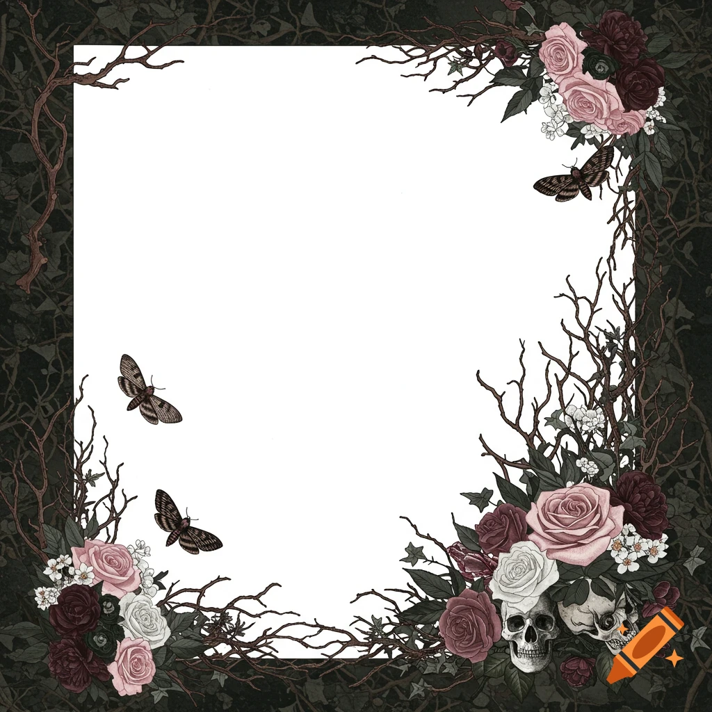 Gothic border illustration with branches, pink and red roses, skulls, and moths framing a white center.