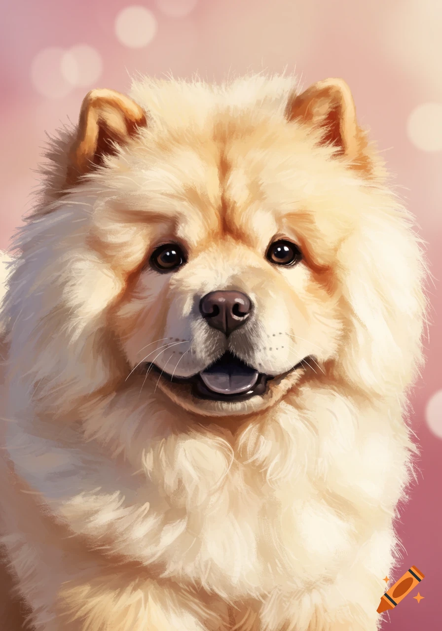 Close-up of a fluffy chow chow dog with a pink bokeh background.