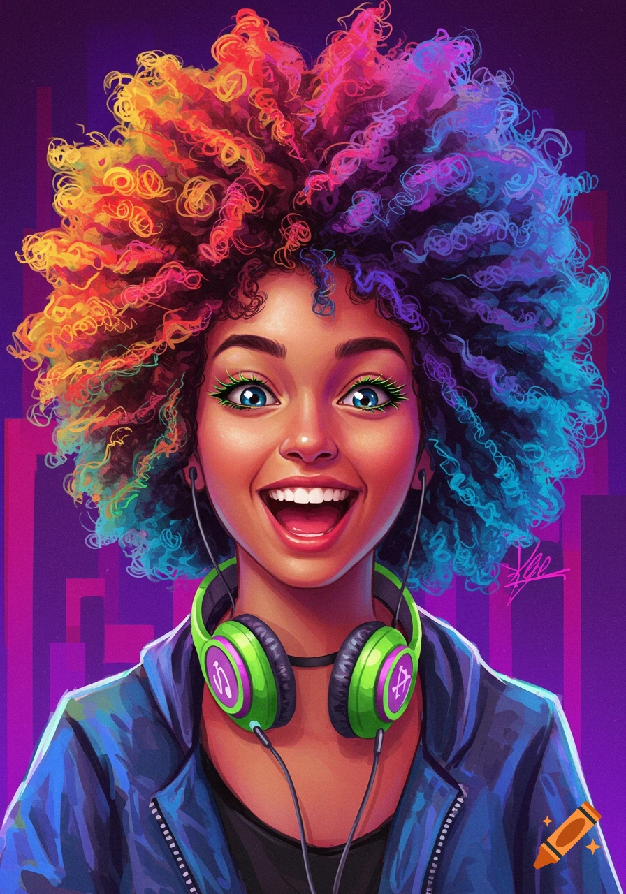 A smiling person with bright multi-colored curly hair and headphones.