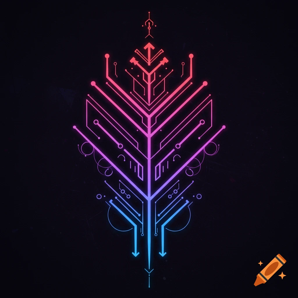 Abstract design of a geometric cyber sigil in pink and blue gradient on black.